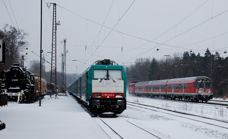 Die RB Donauw�rth-Ulm passiert den Super-Lokzug im Bahnhof Neuoffingen. Aufgenommen am 28.01.10.