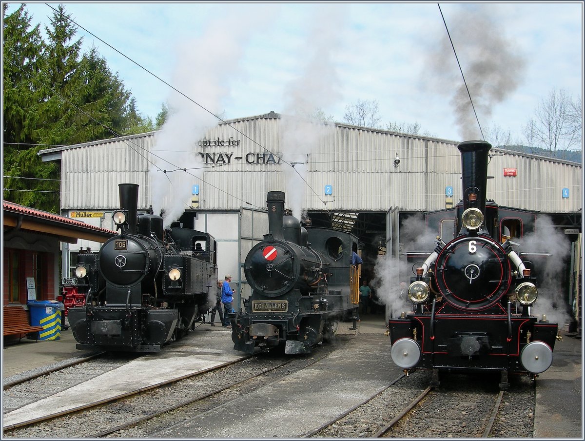 40 Jahre Blonay Chamby -Pfingstfestival 2008: Noch eine kleine Fahrzeugparade in Chaulin: 
von Links nach Rechts: Die SEG G 2x 2/2 105 (1918), in der Mitte die LEB G 3/3 N° 8 (1910) und die JS/BAM G 3/3 N° 6 als  Dienstälteste  Blonay Chamby Dampflok.

3. Mai 2008