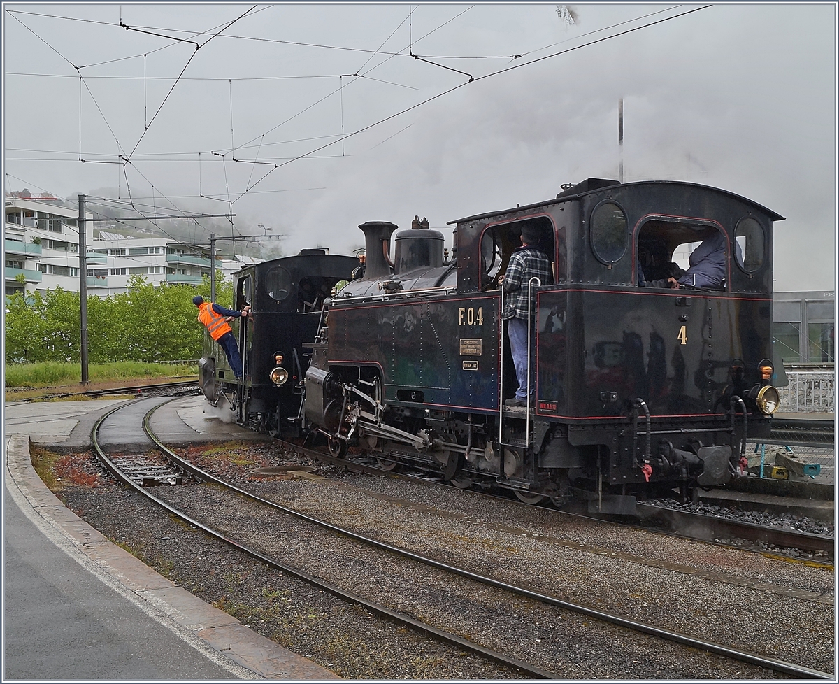 50 Jahre Blonay - Chamby; Mega Steam Festival: Die BFD HG 3/4 N° 3 der B-C und die FO HG 3/4 N° 4 der Dampfbahn Furka Bergstrecke rangieren in Vevey.

13. Mai 2018

