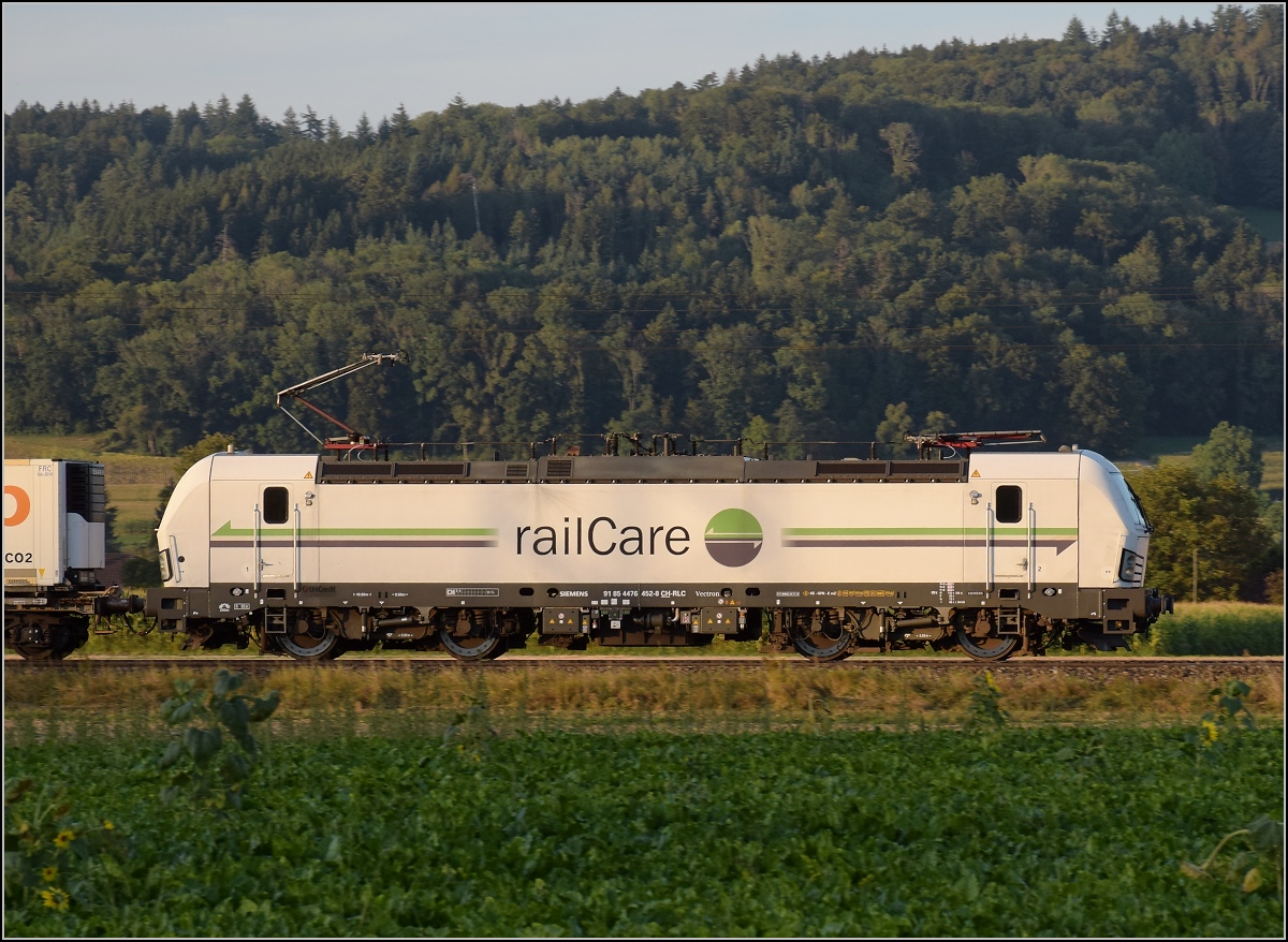 Als Ergänzung zu Armins Bild die Schwesterlok Rem 476 452 in Hendschiken. Die Rem 476 453 folgte kurz darauf, aber da war die Sonne schon hinter dem Wald in meinem Rücken verschwunden. September 2021.