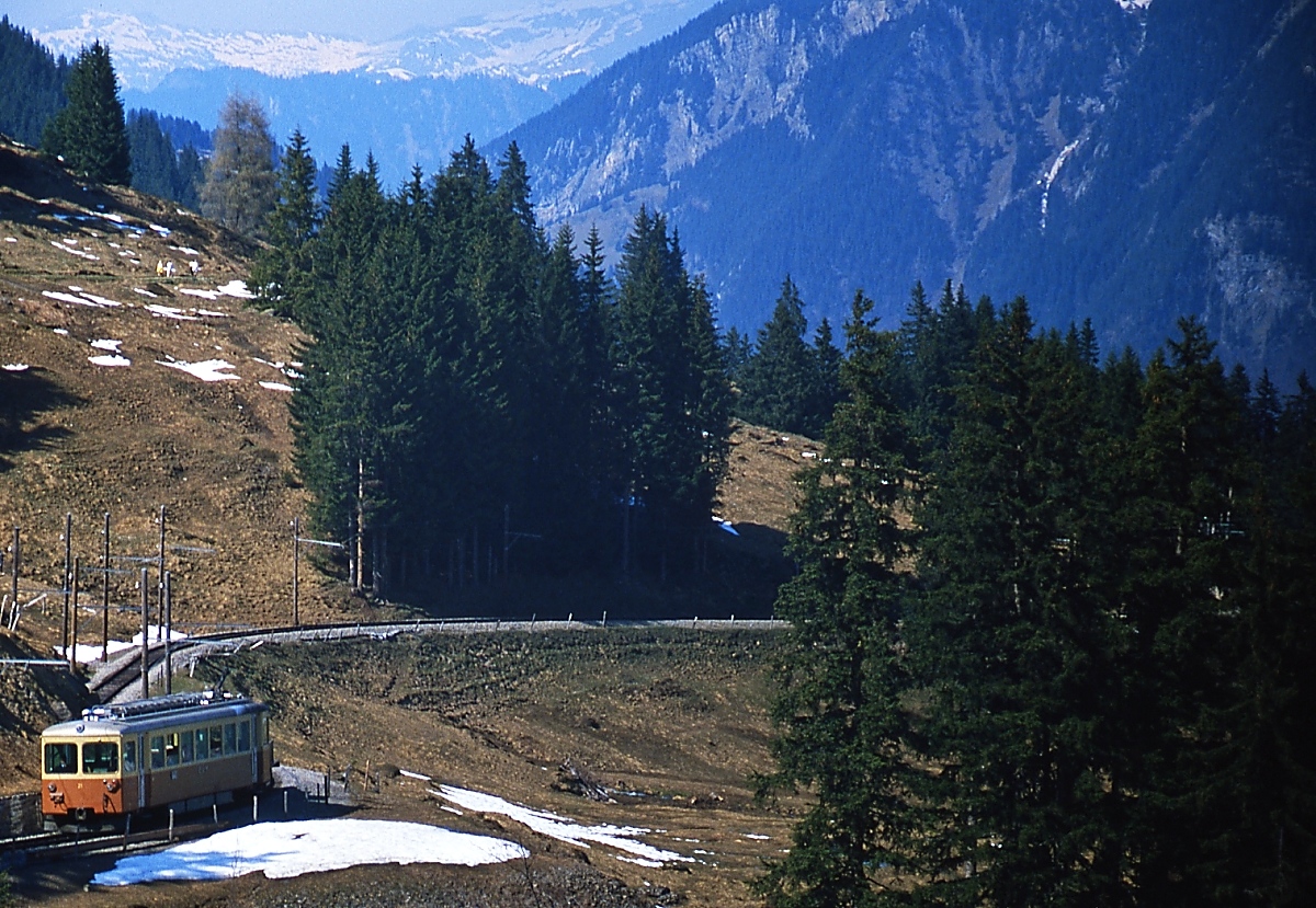 Als Vergleich zu Peters aktuellem Bild eine Aufnahme vom Be 4/4 21 der BLM auf dem Weg von Grütschalp nach Mürren vom Mai 1981: Viel geändert hat sich nicht, die Be 4/4 21-23 versehen immer noch ihren Dienst, aber leider sind die ursprünglichen Holzmasten inzwischen durch Stahlmasten ersetzt worden...