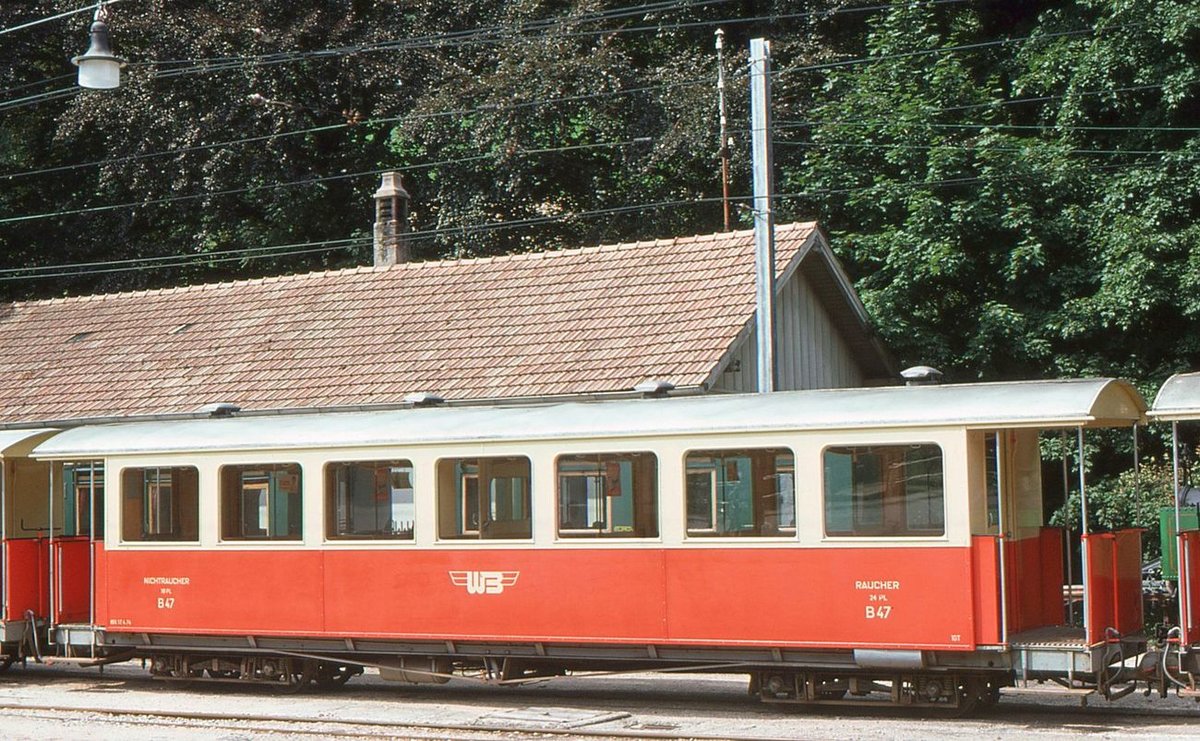 Alte Wagen der Waldenburgerbahn: Personenwagen B 47. Waldenburg, 3.August 1976. 