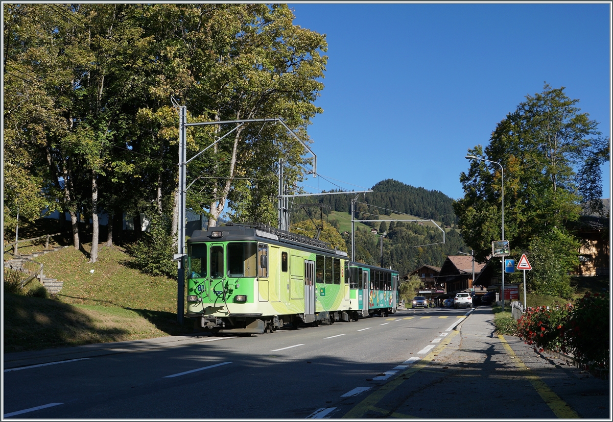 Auf dem Abschnitt von Villars sur Ollon bis Gryon verläuft das Trasse der BVB auf oder unmittelbar neben der Strasse, wie hier bei La Barboleuse mit dem BDeh 4/4 81 mit Bt auf dem Weg nach Bex. 

11. Okt. 2021