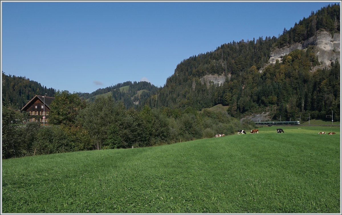 Bei Ennetiflis im Grenzland zwischen den Kantonen Bern und Luzern fahren ein BLS RABe 535  Lötschberger  und ein BLS RABe 252  NINA  in Richtung Wolhusen. 

30. Sept. 2020