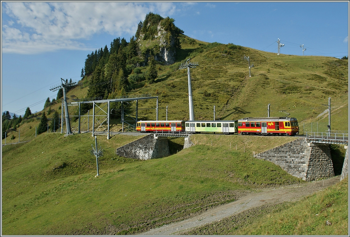 Blick vom Col de Bretaye zum talwärts fahrenden BVB Regioanalzug. 
18. Aug. 2011