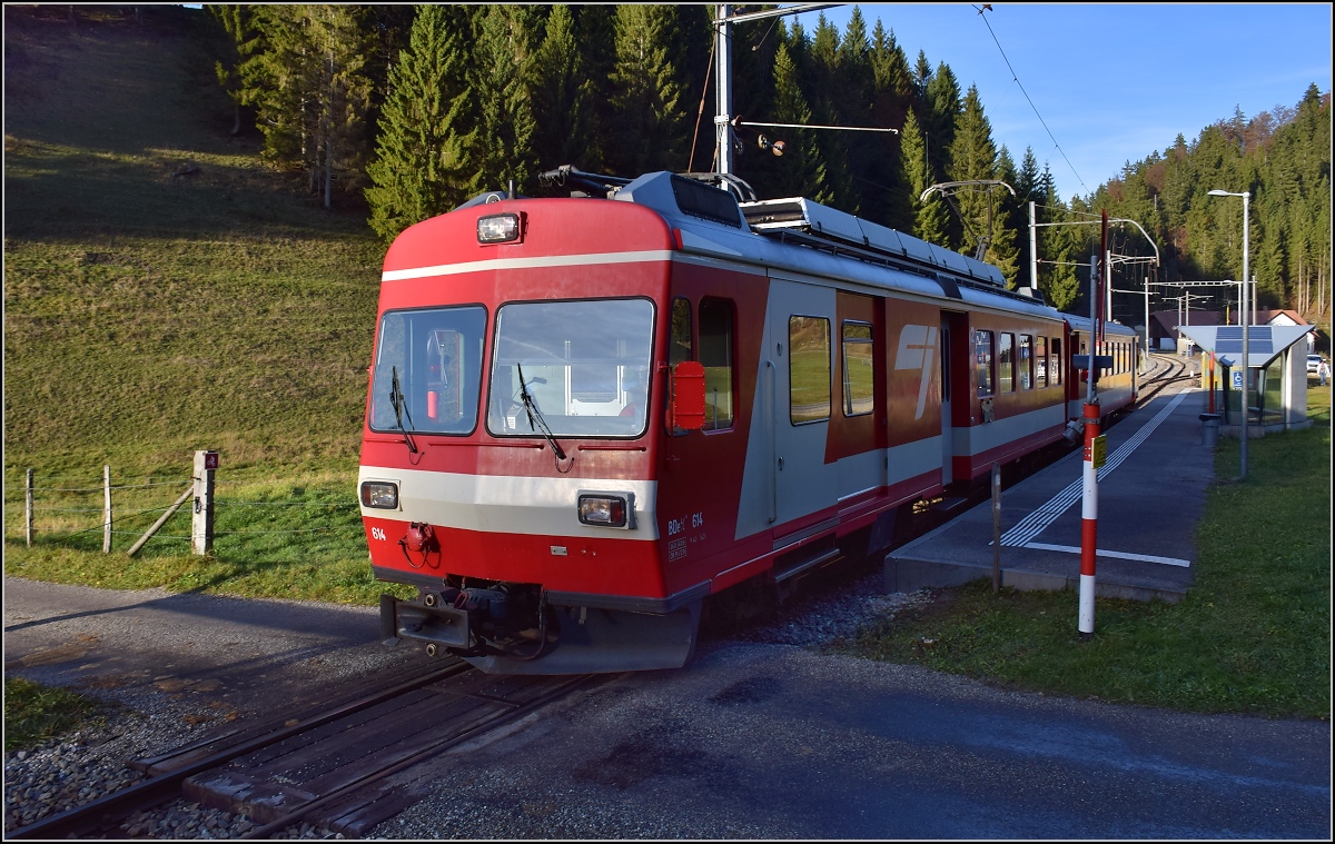 Chemins de fer de Jura (CJ). BDe 4/4 614 in La Combe. Oktober 2016.