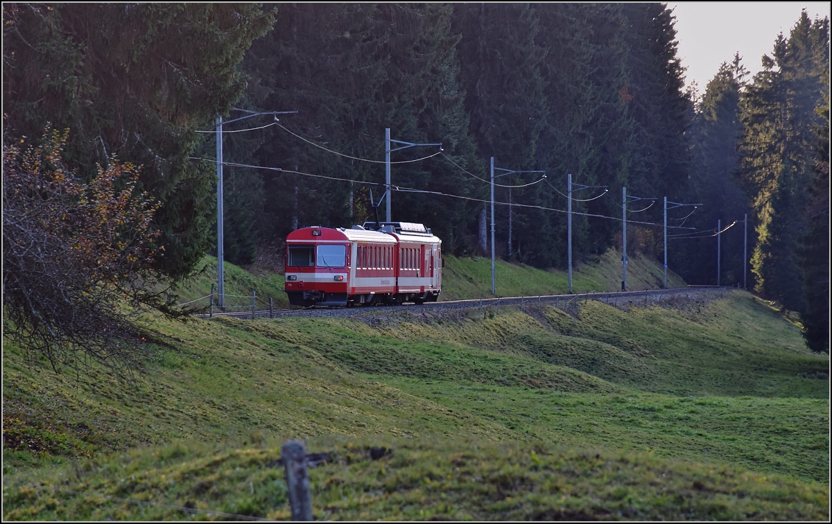 Chemins de fer de Jura (CJ). BDe 4/4 614 bei La Combe. Oktober 2016.