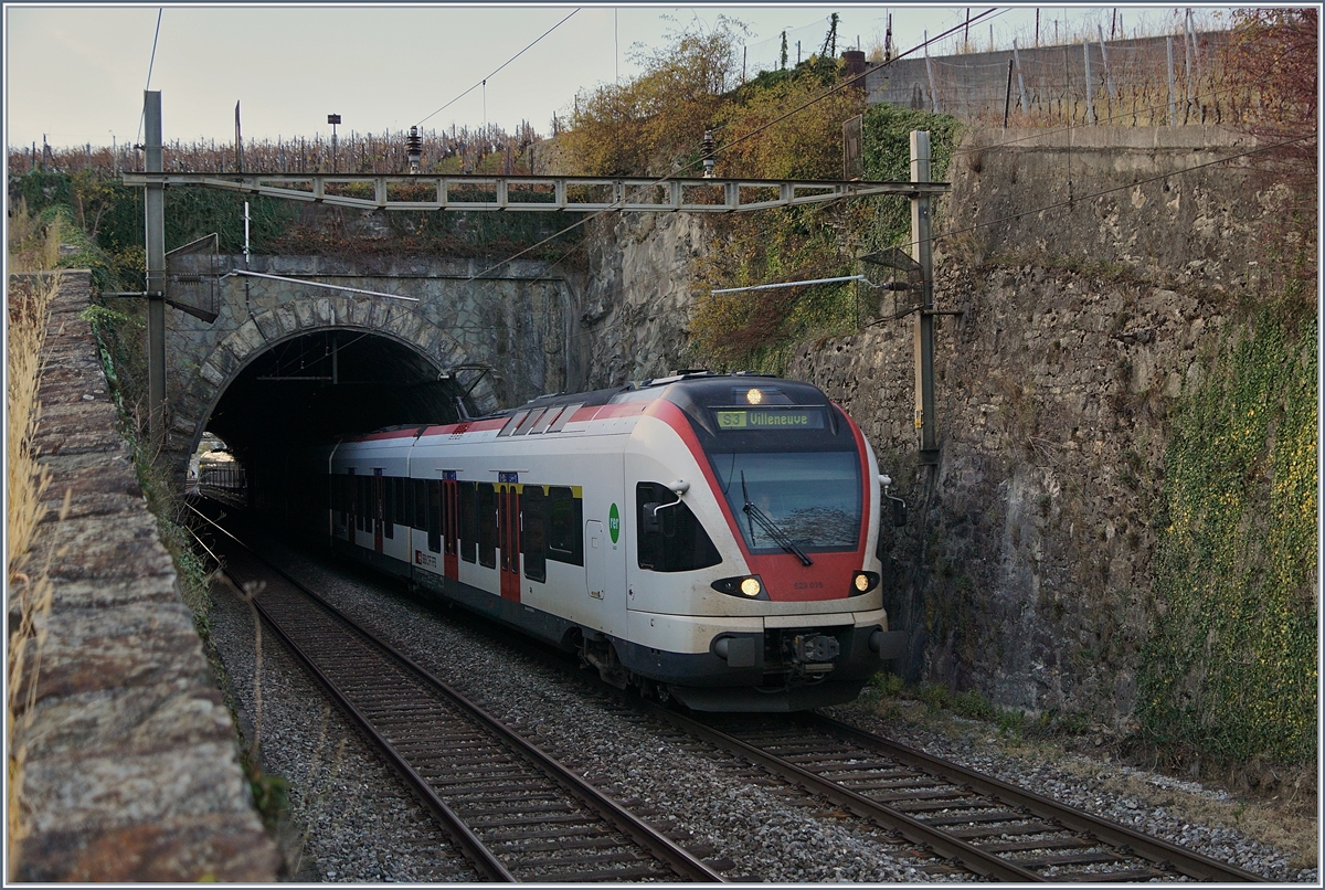 Das Ostportal des 136 Meter langen  Tour-de-Bertholod Tunnel mit dem nach Villeneuve fahrenden RABe 523 010. Zur Zeit wir der Tunnel saniert.

3. Nov. 2017

