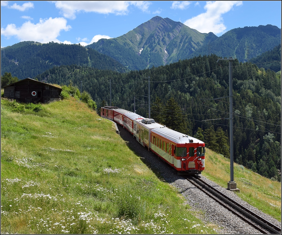 Deh II 96 M�nster mit dem talseitigen Steuerwagen bei Oberdeisch. Im Hintergrund das Eggerhorn. Juni 2018.