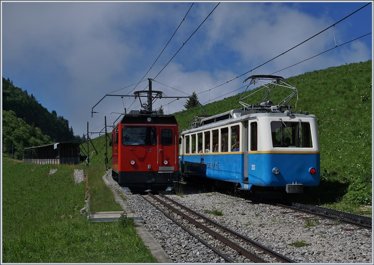 Der Bhe 2/4 203 begegnet in Jaman dem Hem 2/2 12.
3. Juli 2016
