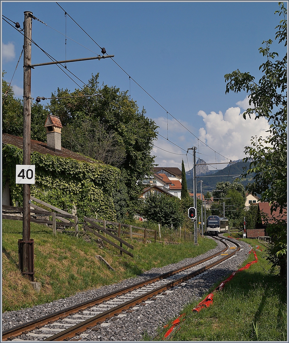 Der Fahrleitungsmast N� 23 mag nicht ganz so alt sein wie der Dent de Jaman im Hintergrund, d�rfte aber schon eine Ewigkeit hier stehen. Als es vor gut f�nfzehn Jahren darum ging, die Holzmasten durch Metalmasten zu ersetzen und dabei den Abstand von Mast zu Mast zu vergr�ssern, wehrte sich ein Anwohner mit Erfolg vor Gericht dagegen und so blieb der Fahrleitungsmast N� 23 in St-L�gier stehen und tr�gt neuerdings sogar eine interessante Signaltafel mit der die hier einzuhaltende H�chstgeschwindigkeit angezeigt wird; bedeutend insofern, als dass die MVR die H�chstgeschwindigkeit seit dem 1. Juli 2019 um 25 % erh�ht hat und nun auf daf�r ausgebauten Streckenabschnitten mit bis zu 50 km/h unterwegs ist.

30. Juli 2019