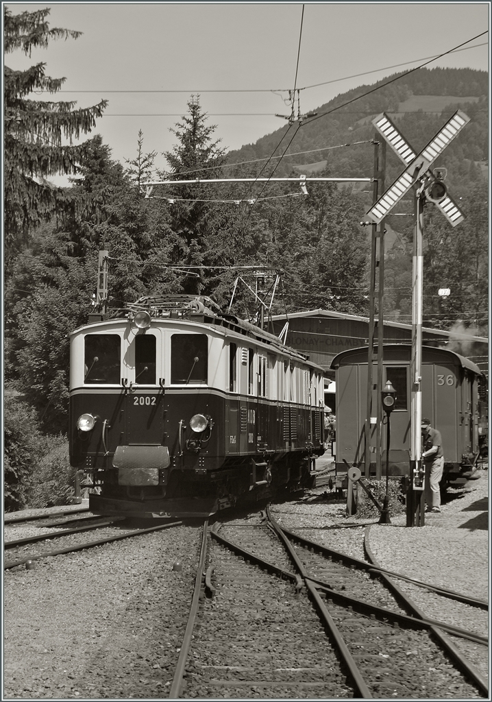 Der FZe 6/6 2002 (letzte Bezeichnung im Betriebsdienst der MOB: DZe 6/6) in Chaulin bei der B-C. 
9. Juni 2014