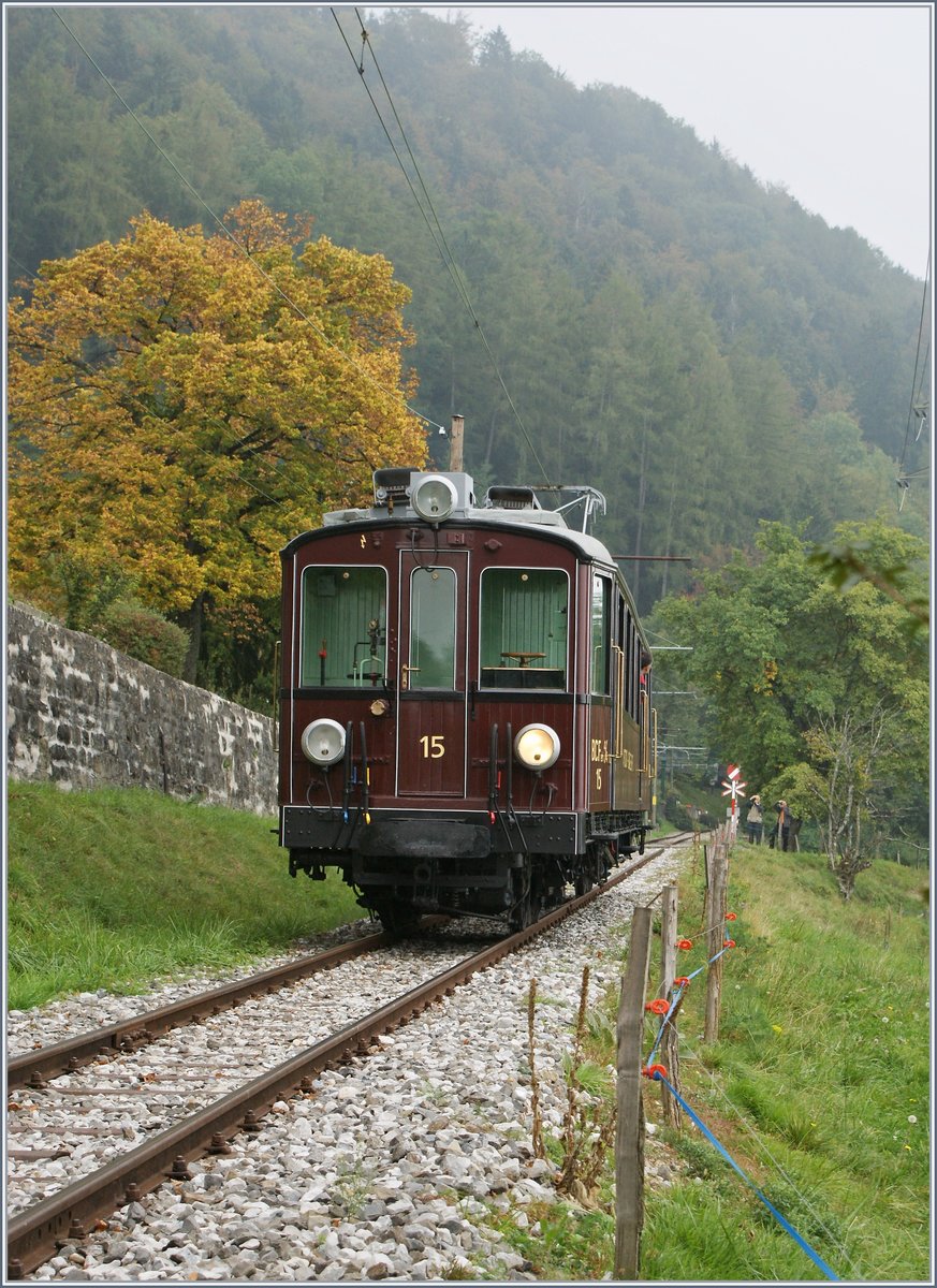Der M-C BCFeh 4/4 N° 15 kurz nach Chaulin auf der Fahrt nach Blonay.
26.Sept. 2009