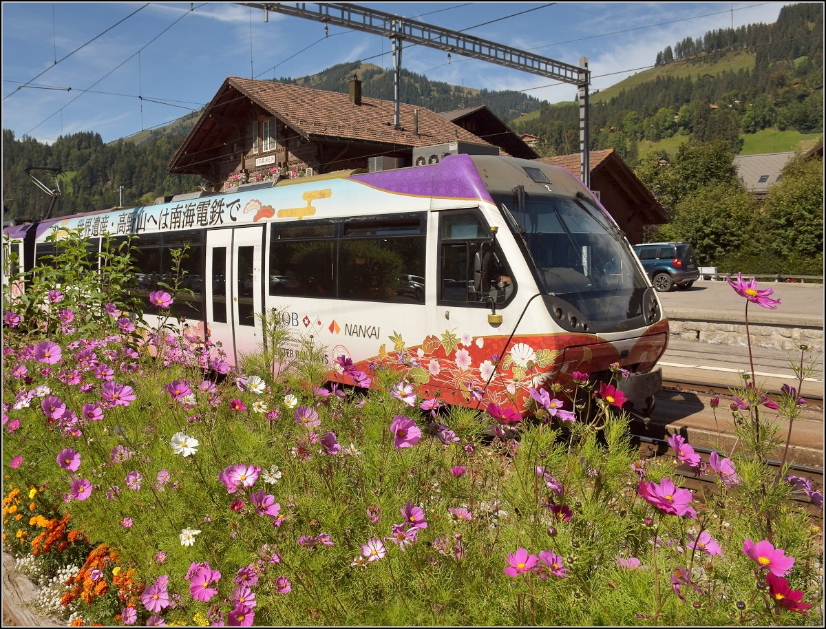 Der MOB Be 4/4 5002 ist mit Bt und ABt nicht nur entsprechend beklebt, sondern gesellt sich in Saanen abseits seiner Strecke mal wunderbar in die passende Kulisse. Und zur Abwechslung nicht im unpassenden Schnee... ;-) September 2019. Und vielleicht passt's ja auch zu Peters Erkl�rung...