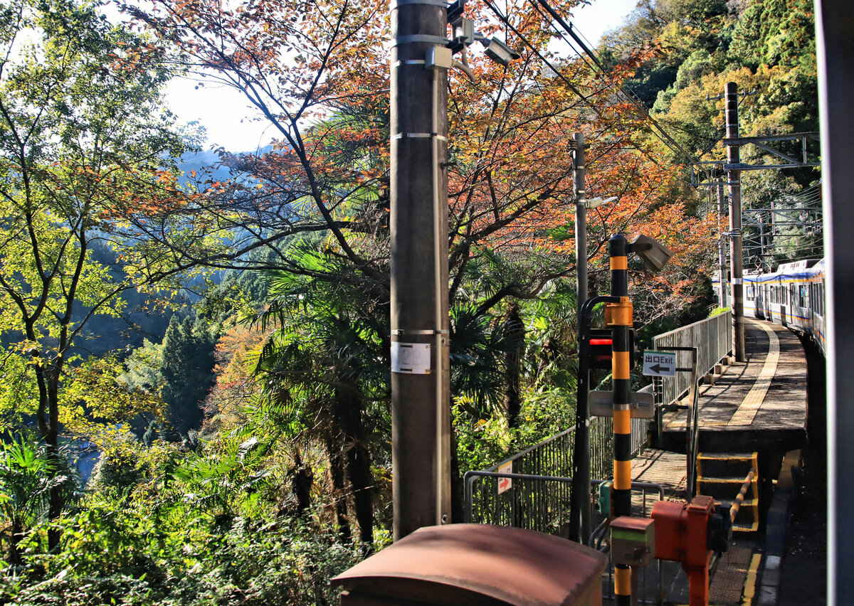 Der Nankai-Konzern, Partnerbahn der MOB: Bild aus dem Zug an der Station Shimo Kosawa an der Steilstrecke zum Kôyasan. 5.November 2022 