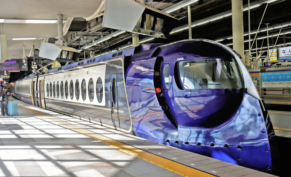 Der Nankai-Privatkonzern, die japanische Partnerbahn der MOB: Leider in ungünstiger Belichtung steht Zug 50504 Goldenpass Express im Hauptbahnhof Namba in Ôsaka. 7.Mai 2025 