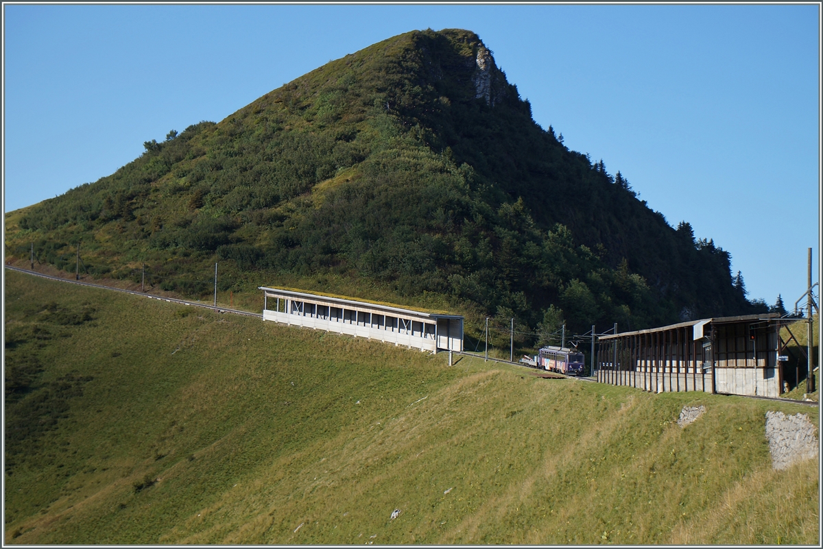 Der Rochers de Naye Beh 4/8 303 auf der Wasserschiede zweischen Rohne und Rhein kurz nach der Station Jaman.
4. Sept. 2014