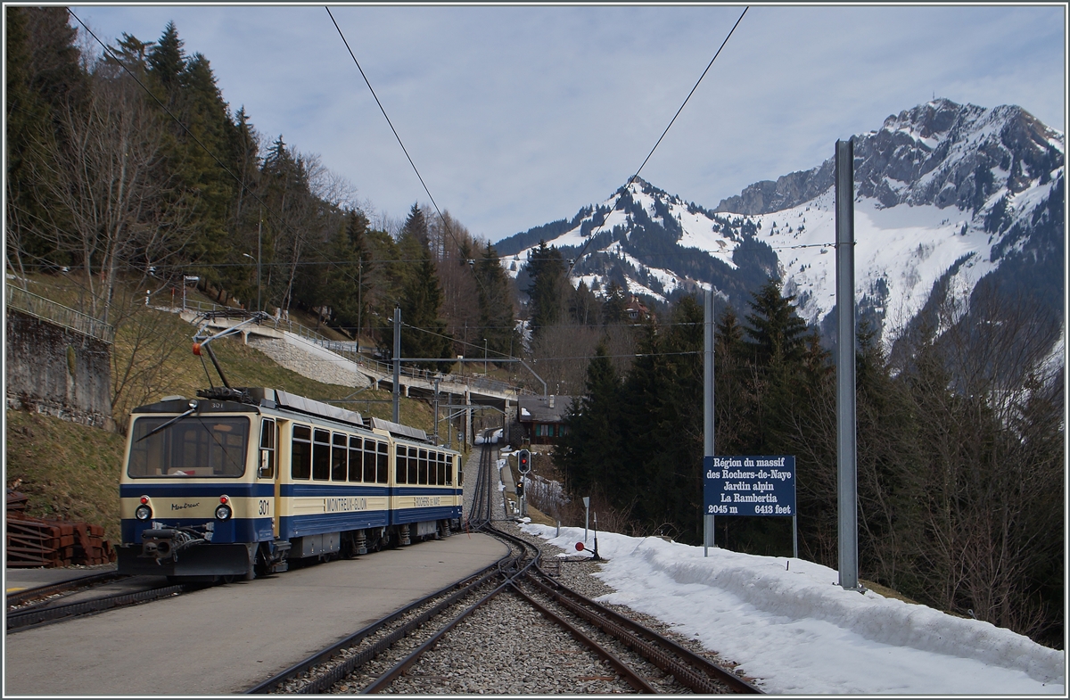 Der Rochers de Naye Beh 4/8 als Schülerzug nach Haut de Caux (und somit ohne Vorstellwagen) in Caux.

10. März 2015