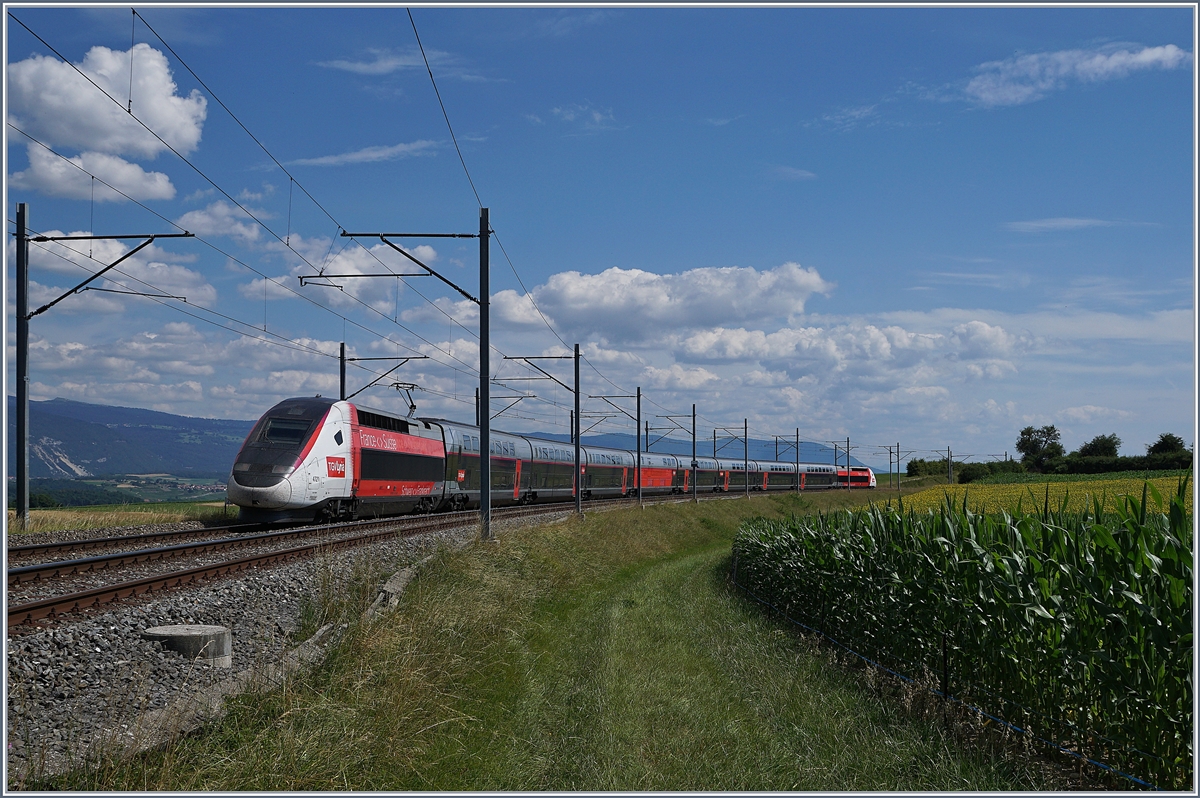 Der TGV Lyria 9261 von Paris Gare de Lyon nach Lausanne oberhalb von Arnex auf der Fahrt durch die hügligen Jurasüdfuss Landschaft. 

14. Juli 2020