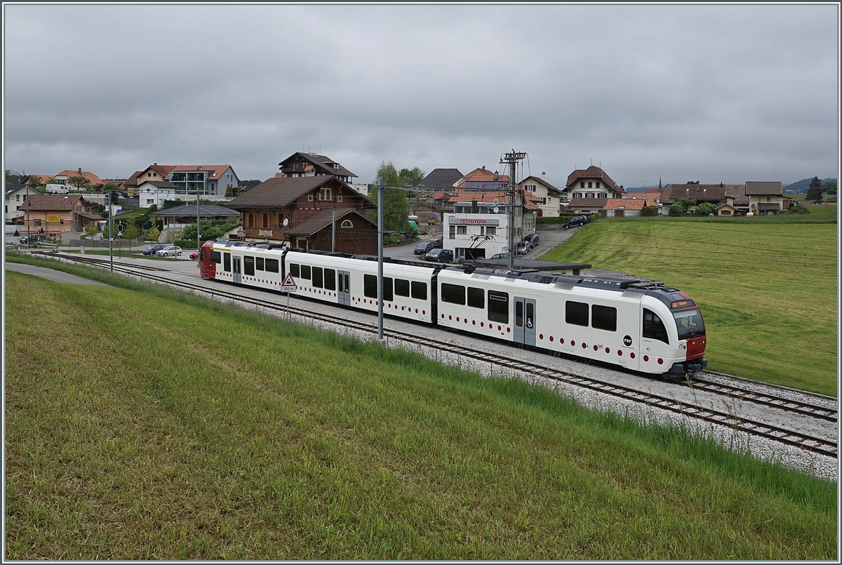 Der TPF Regionalzug S50 nach Palézieux wartet in Vaulruz Sud auf den Gegenzug. 

12. Mai 2020