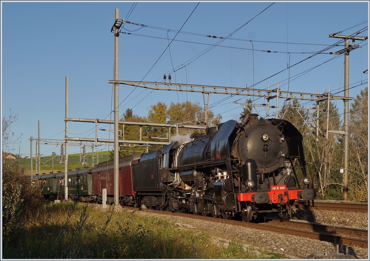 Die 141 R 568 der L'Association 141 R 568 auf ihrer Herbstrundfahrt  Train Chasse  von Vallorbe via Lausanne - Lausanne Triage - Biel/Bienne - Lyss - Lausanne, hier bei der Ankunft in Palézieux. 

26. Okt. 2019