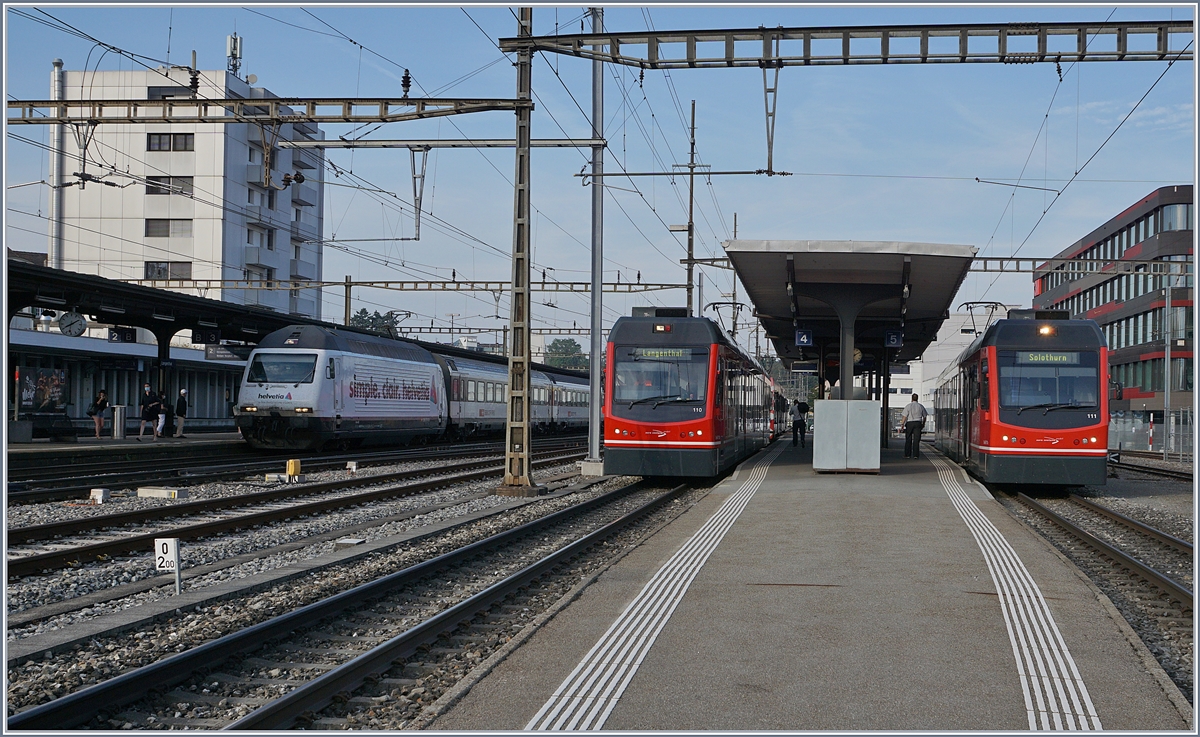 Die beiden Be 4/8 110 (von St-Urban) und 111 (von Solothurn) in Langenthal. Während der Be 4/8 110 in Langenthal bleibt und ins Depot fahren wird, ist der Be 4/8 111 für die Rückfahrt nach Solothurn zurückfahren wird. 

10. August 2020