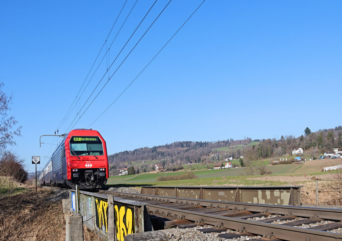 Die Kempttalbahn: Die sehr beschauliche Landschaft beim Pfäffikersee mit einer S3 von Wetzikon nach Zürich Hardbrücke. Gestossen von Lok 450 041. 5.März 2025 