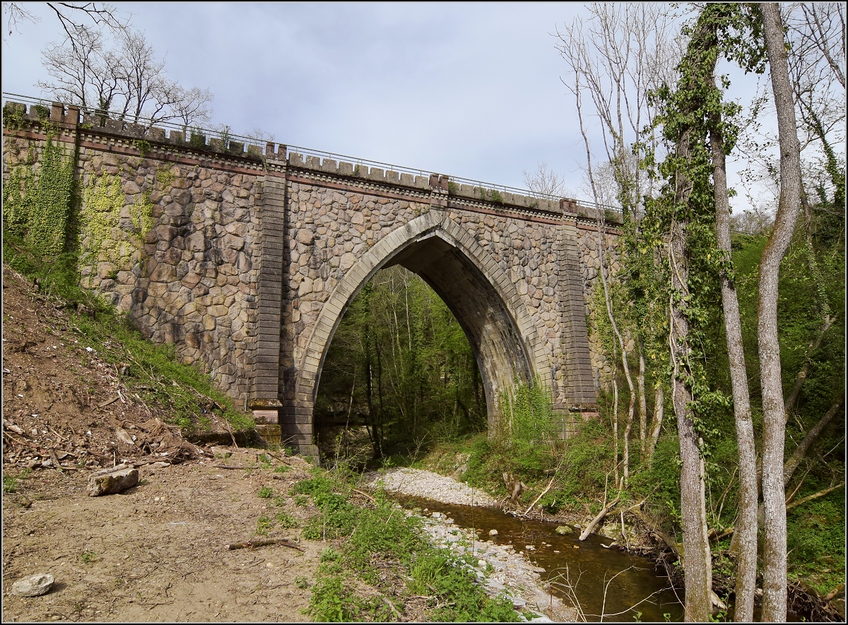 Die Steinabrücke in Tiengen fristete jahrzehnte lang ein Schattendasein versteckt hinter großen Bäumen. Ein gotischer Spitzbogen und Zyklopenmauerwerk mache sie zu einer Besonderheit unter den Eisenbahnbrücken. April 2019. 
