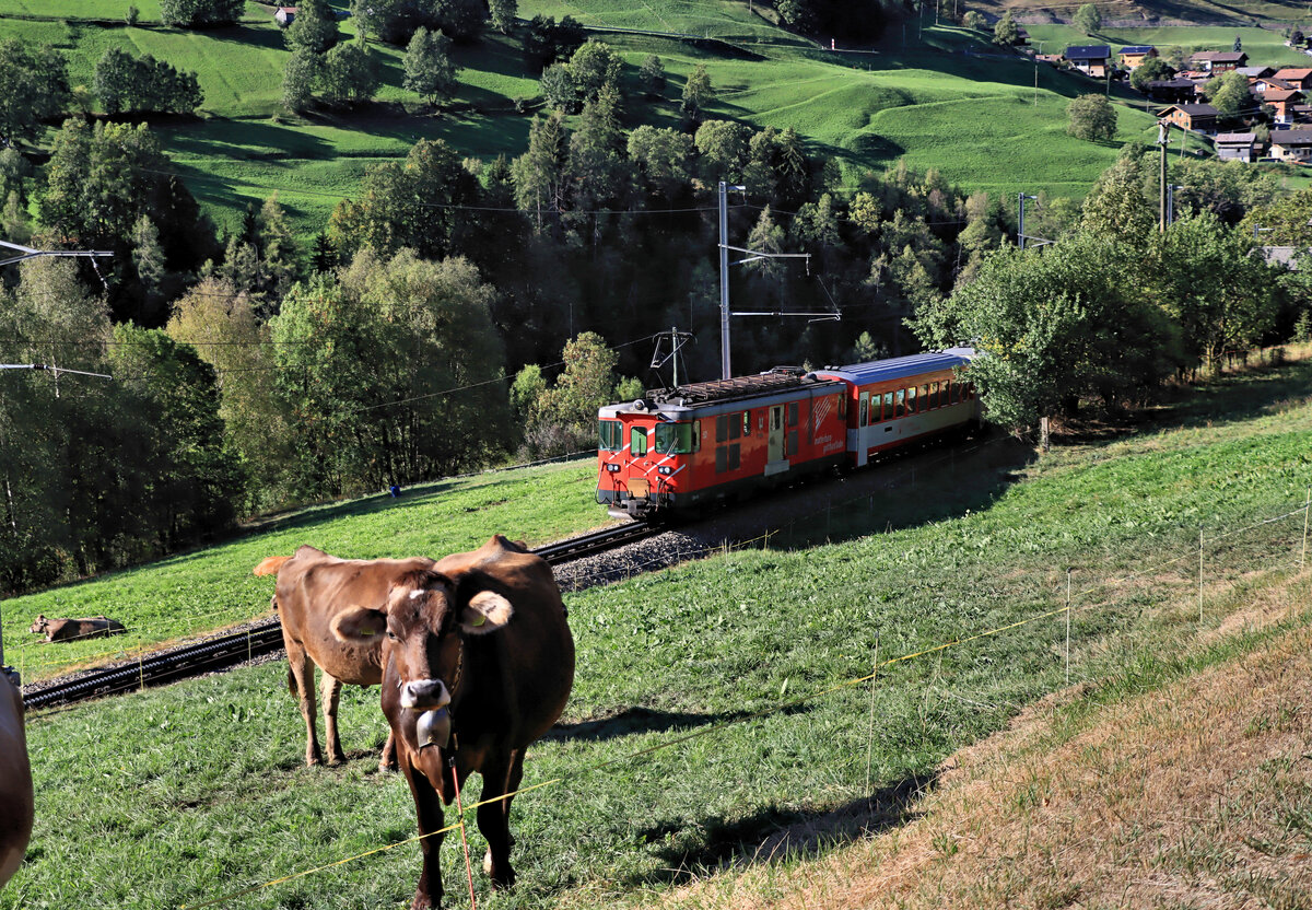 Die Talstufe von Grengiols MGB: Pendelzug, gestossen von Deh4/4 52, nähert sich von Lax her dem steilen Abstieg durch den Kehrtunnel nach Grengiols. 21.September 2022 