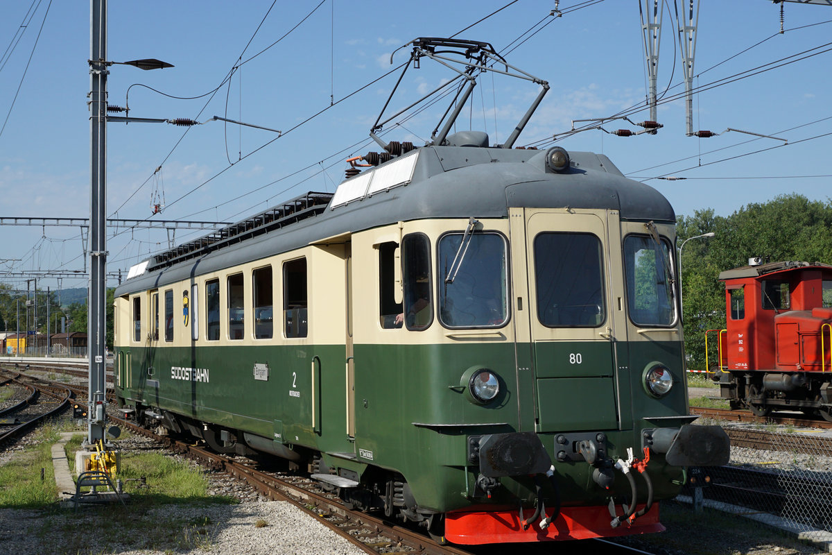 DSF: Ehemalige SOB Triebwagen am Triebwagen Treffen vom 1. August 2017 in Koblenz.
DSF BDe 4/4 80 auf Rangierfahrt vor dem Depot Koblenz.
Foto: Walter Ruetsch