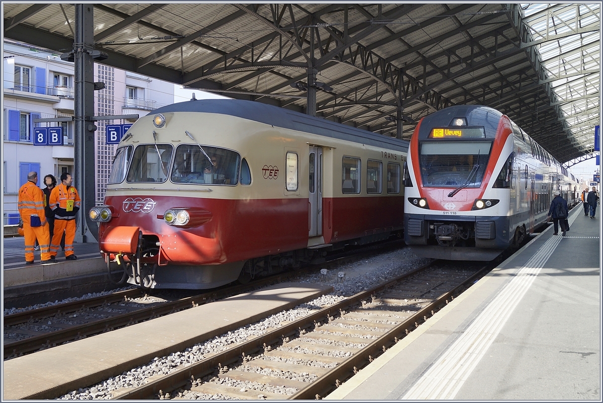 Edler Fernverkehr der Vergangenheit, leistungsfähiger Nahverkehr der Gegenwart, und trotzdem, die formschönen Rundungen verbinden die beiden so unterschiedlichen Züge.

TEE RAe II 1053 und SBB RABe 511 115 in Lausanne.

31. März 2019