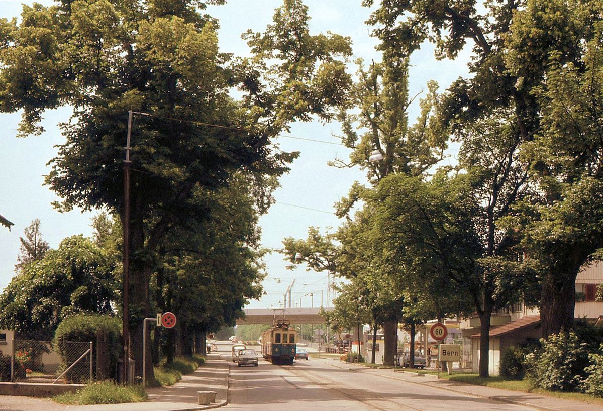 Ehemalige Vereinigte Bern-Worb-Bahnen VBW, Bern Kornhausplatz - Bolligen - Worb-Linie: Triebwagen 38 mit Steuerwagen 81 auf der einstigen Linie zwischen Ittigen und Wankdorf Stadion, in der Nähe des Wankdorf Stadions. 28.Juni 1973 
