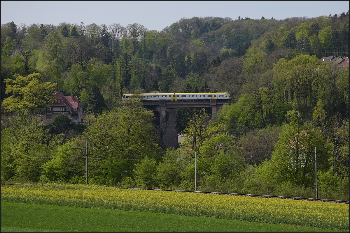 Ein 612 auf der M�hlbachbr�cke bei Albert. Betrachtet aus der Schweiz. April 2019.