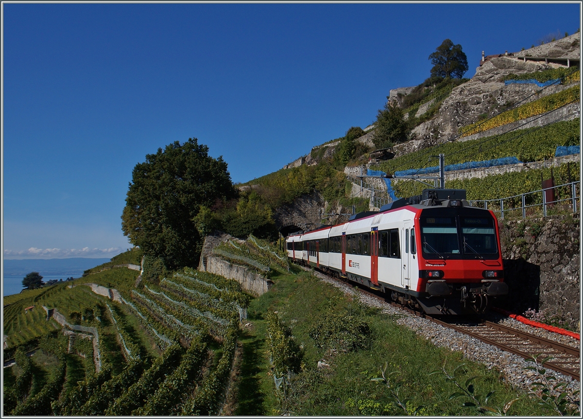 Ein dreiteiliger SBB-Domino auf der  Train des Vignes -Strecke kurz vor Chexbrex-Village.
4. Okt. 2015