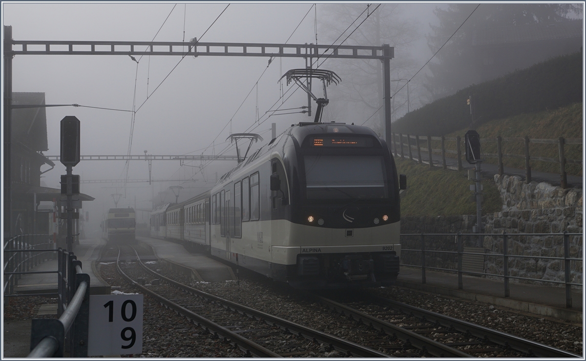 Ein MOB Alpina Paar mit zwei Zwischewagen (Be 4/4 9202 und ABe 4/4 9302) tasten sich bei Les Avants durch den dichten Nebel.
21. Dez. 2016