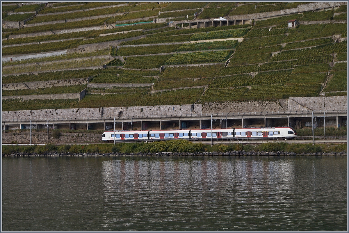 Ein SBB Flirt RABe 523 als Regionalzug auf dem Weg Richtung Villeneuve kurz vor Rivaz. 

1. Okt. 2019