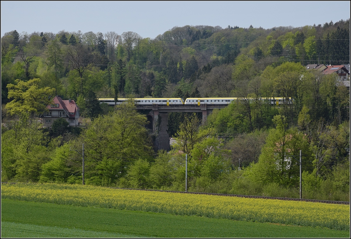 Eine Doppeltraktion 612 auf der M�hlbachbr�cke bei Albert. Betrachtet aus der Schweiz. April 2019.