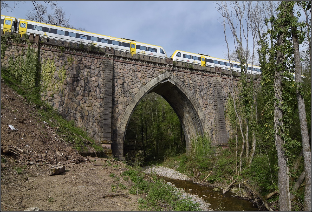 Eine Doppeltraktion 612 auf der Steinabrücke in Tiengen. April 2019. Die Brücke aus dem Jahr 1862 ist akut existenzgefährdet, weil sie ersetzt statt erneuert werden soll. Hier steht Bahn gegen Denkmalschutz, um den sich die deutschde Bahn meist herzlich wenig schert...