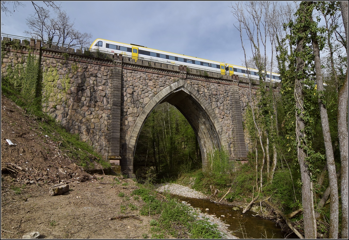 Eine Doppeltraktion 612 auf der Steinabrücke in Tiengen. April 2019. 