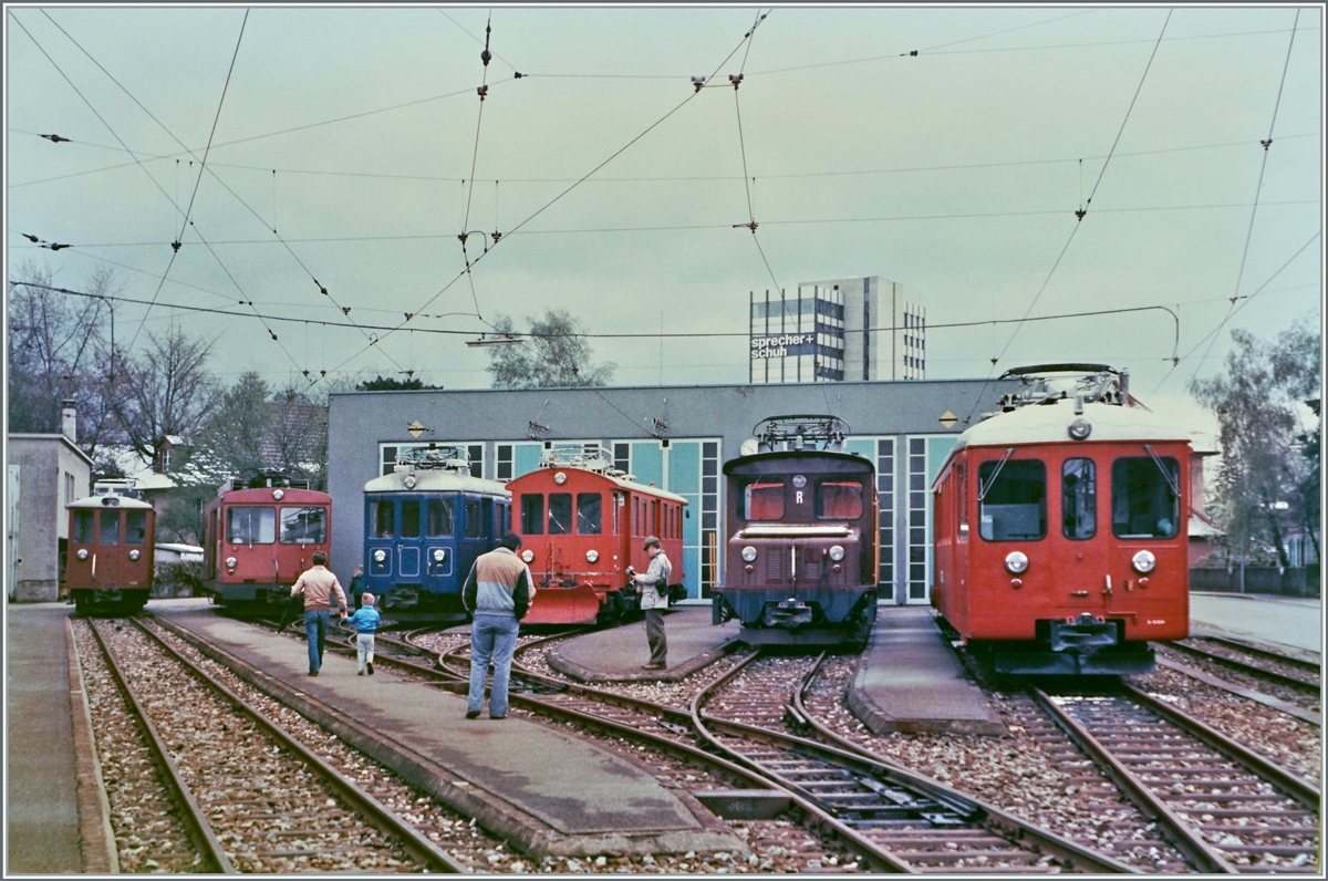 Ende April 1985 fand in Aarau die Versammlung der  Eisenbahnamateur Delegierten  statt und neben einigen Normalspurloks der SBB zeigte die WSB diese hier zu sehenden Fahrzeuge vor ihrem Depot: (von links nach rechts): De 4/4 N° 42, De 4/4 N° 43*, BSe 4/4 N° 16, Xe 4/4 N° 117, Te N° 49* und den De 4/4 N° 6.

analog Bild, ende April 1985
* Fahrzeugnummern sind nicht gesichert