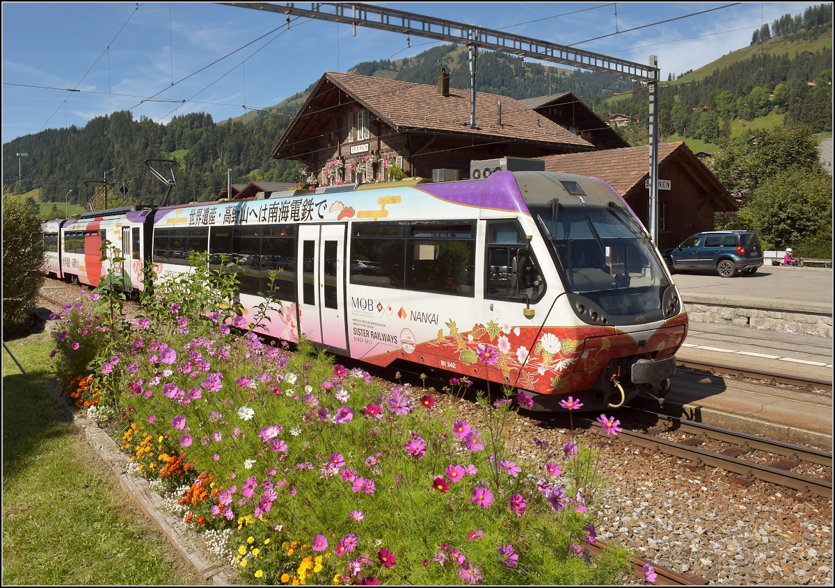 er MOB Be 4/4 5002 ist mit Bt und ABt nicht nur entsprechend beklebt, sondern gesellt sich in Saanen abseits seiner Strecke mal wunderbar in die passende Kulisse. Und zur Abwechslung nicht im unpassenden Schnee... ;-) September 2019. Und vielleicht passt's ja auch zu Peters Erkl�rung...