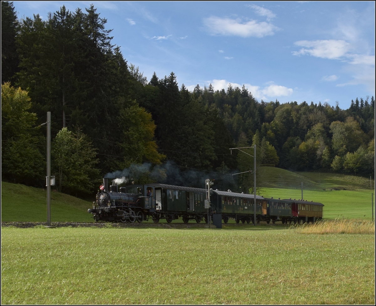 Fahrtag DVZO mit 120-jähriger Lady.

Ed 3/3 401 'Bauma' in Bussental. Oktober 2021.