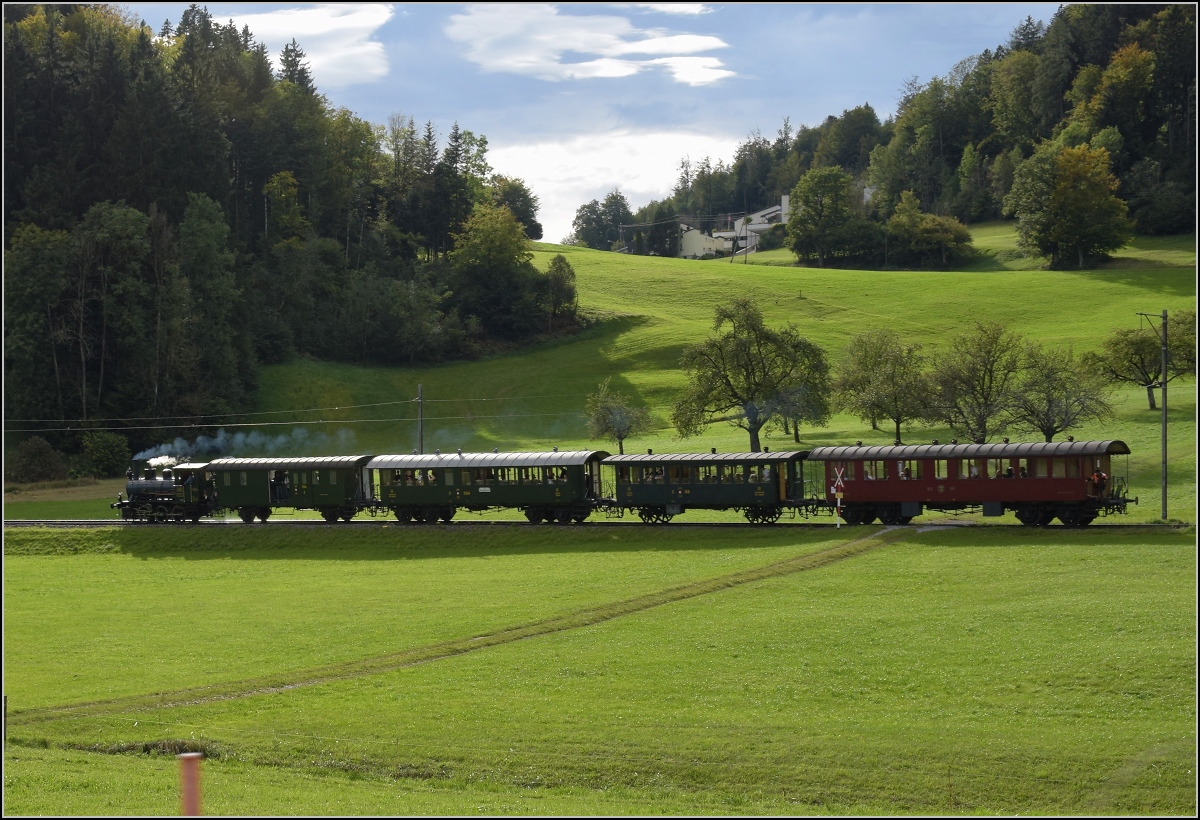 Fahrtag DVZO mit 120-jähriger Lady.

Ed 3/3 401 'Bauma' in Bussental. Oktober 2021.