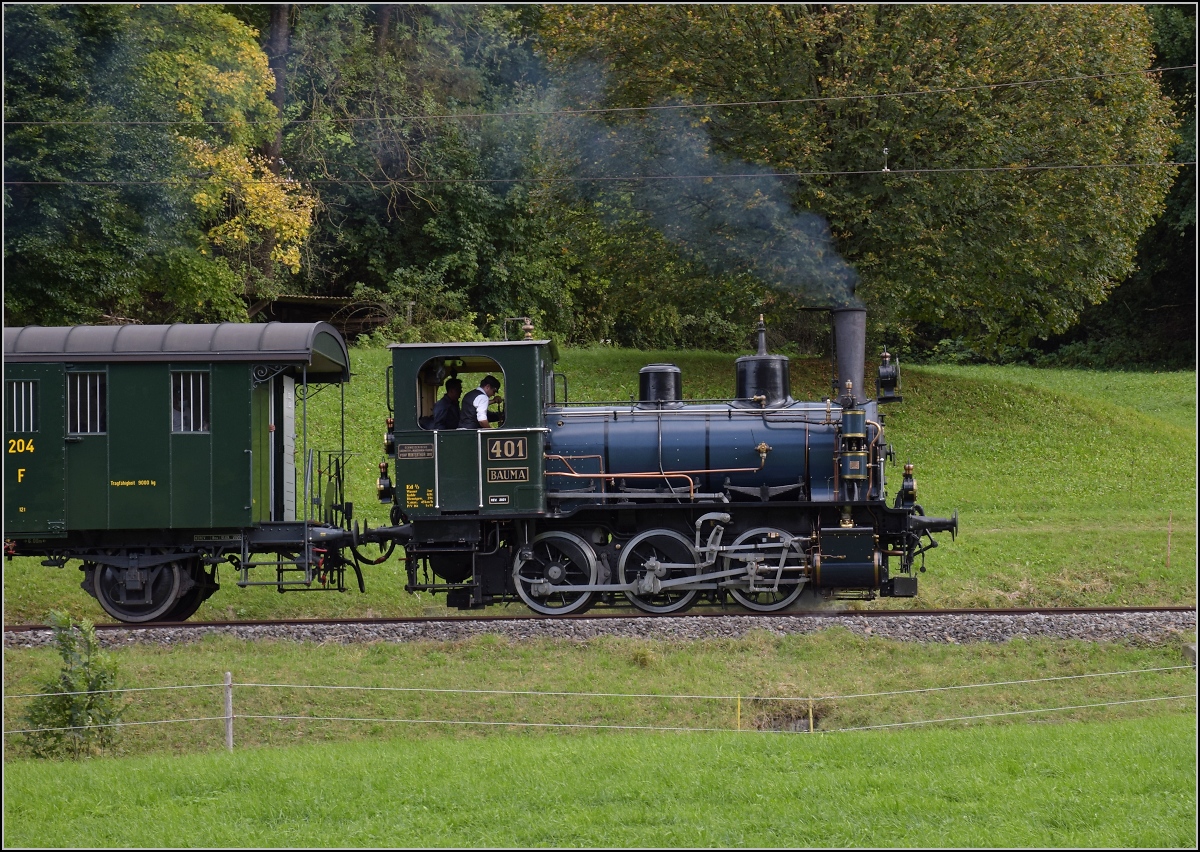 Fahrtag DVZO mit 120-jähriger Lady.

Ed 3/3 401 'Bauma' in Neuthal. Oktober 2021.
