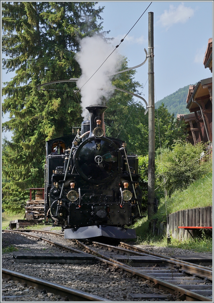  Festival Suisse de la Vapeur 2022 / Schweizer Dampffestival 2022  der Blonay-Chamby Bahn: Nach (jedenfalls für mein Empfinden) langer Abwesenheit wieder zurück aus Meiningen: Die Blonay-Chamby BFD HG 3/4 N° 3 (Baujahr 1913). Hier schiebt die Lok ihren Zug in den B-C Museumsbahnhof Chaulin. 

4. Juni 2022