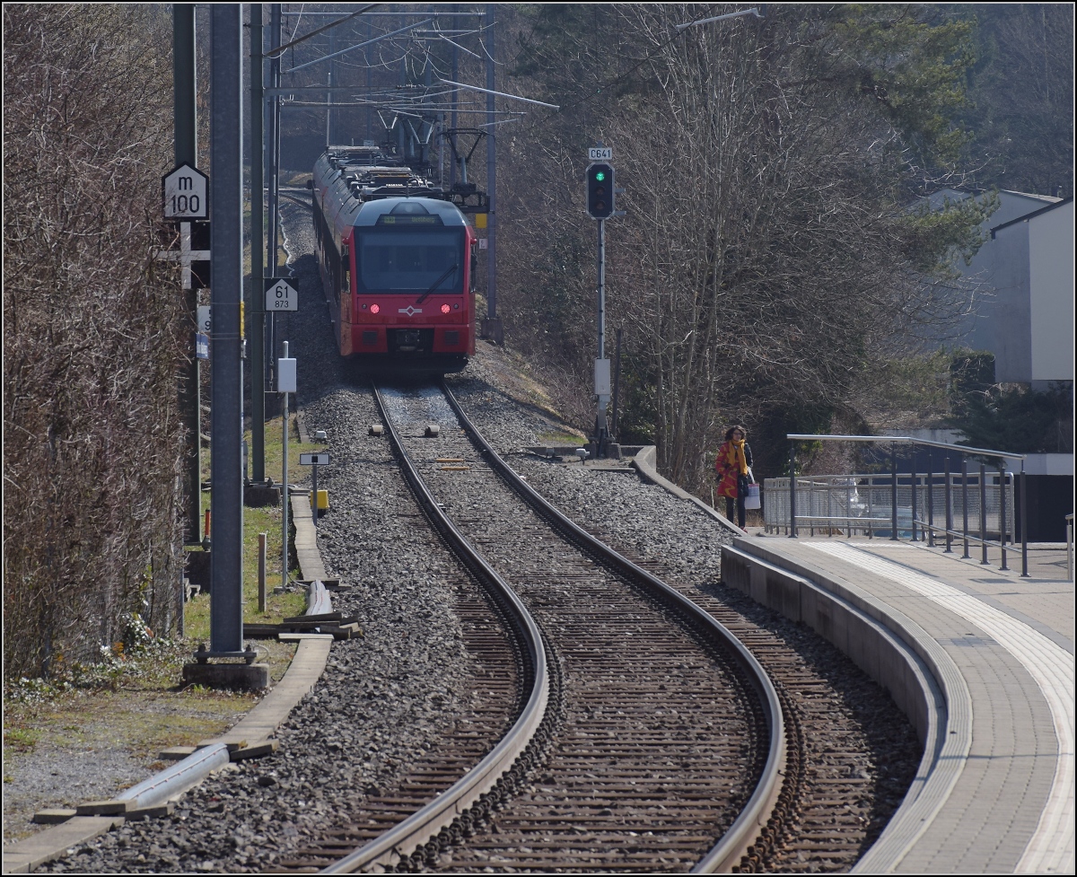 Hier kommen die Fast-Rentner Be 556 522, ein Tiefeinstiegswagen und ein nicht bekannter Be 556, hinten Be 556 527 vom Uetliberg zurück nach Uitikon-Waldegg. März 2022.