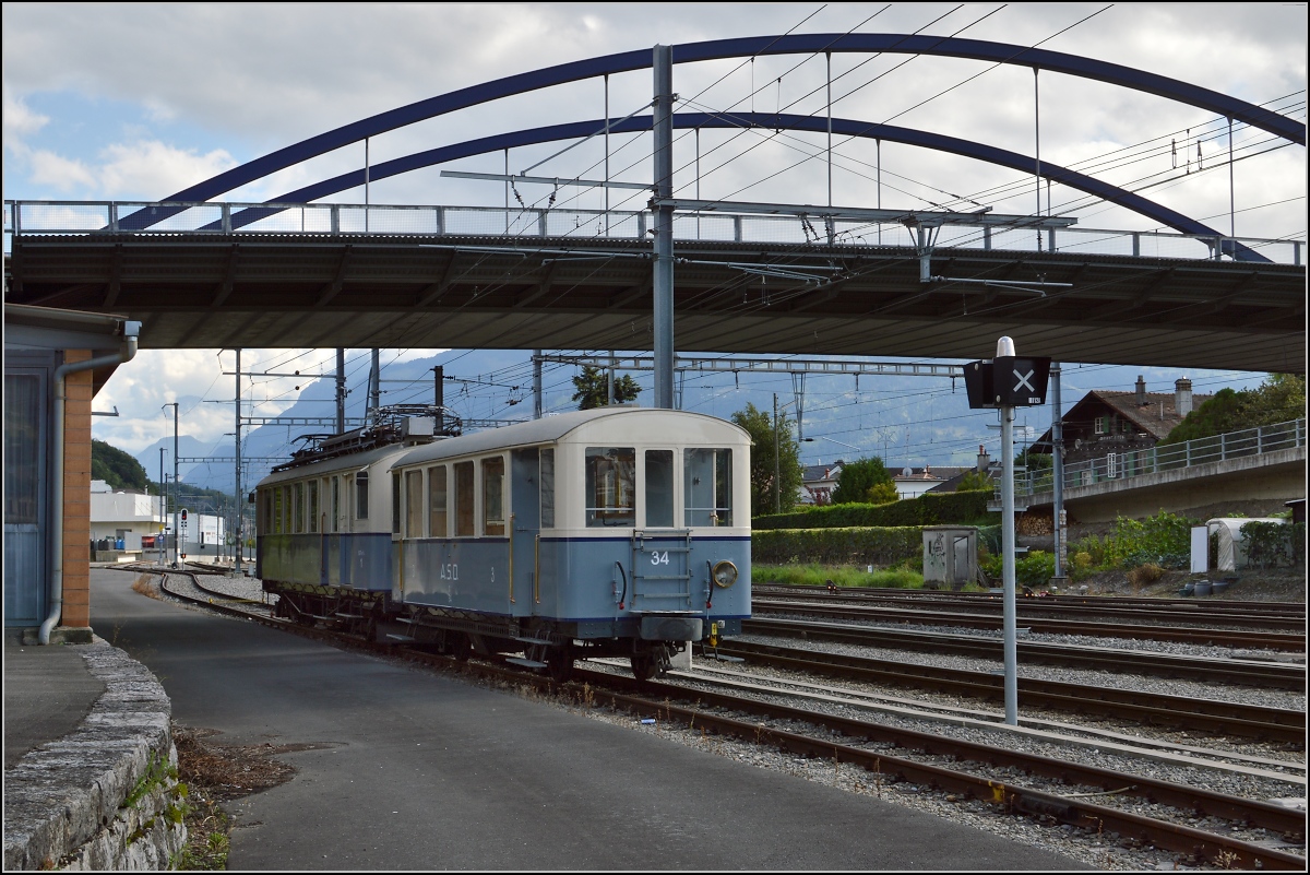 Historischer Triebwagen der Aigle–S�pey–Diablerets-Bahn (A.S.D.) BCFe 4/4 1. Aigle, August 2014.