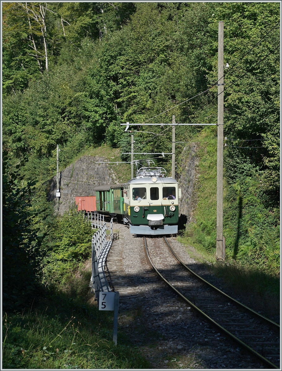  Il était une fois... les années 40 / Es war einmal: die 40er Jahre  - Der GFM Historique Ce 4/4 131 (Baujahr 1943) befindet sich mit seinem GmP auf der Fahrt von Blonay nach Chaulin kurz nach Vers-Chez-Robert. 

11. Sept. 2022