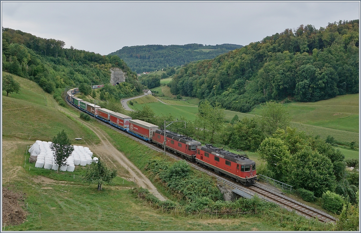Im Sommer 2018 standen unter anderem auch auf der Hauensteinlinie Baumassnahmen an, so dass die  Alte Hauensteinlinie  in den Genuss von Umleitungsverkehr kam: Eine  Re 10/10  ist mit einen Güterzug zwischen Läufelfingen und Buckten unterwegs und hat den 60 Meter langen Mühlefluhtunnel verlassen um in Kürze (hinter meinem Rücken) durch den etwas längeren Buckten Tunnel (263 Meter) zu fahren.

7. August 2018
