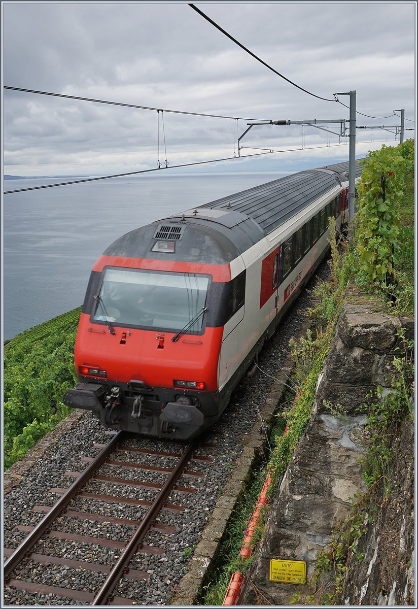 Impressionen vom nicht so gelungenen ersten  Umleitungswochenende  über die  Train des Vignes  Strecke infolge baubedingter Streckensperrung Vevey- Lausanne: Der Hilfszug XTmas 99 85 9177 004-0 schleppt den liegengeblieben und zwischenzeitlich nach Vevey zurück gefahrenen IR ab, im Bild der Steuerwagen am Ende des Zuges oberhalb von St-Saphorin. 
An den beiden noch folgenden Umleitungswochenenden regnet es nicht und der Umleitungsverkehr gelang ziemlich problemlos.

29. August 2020
